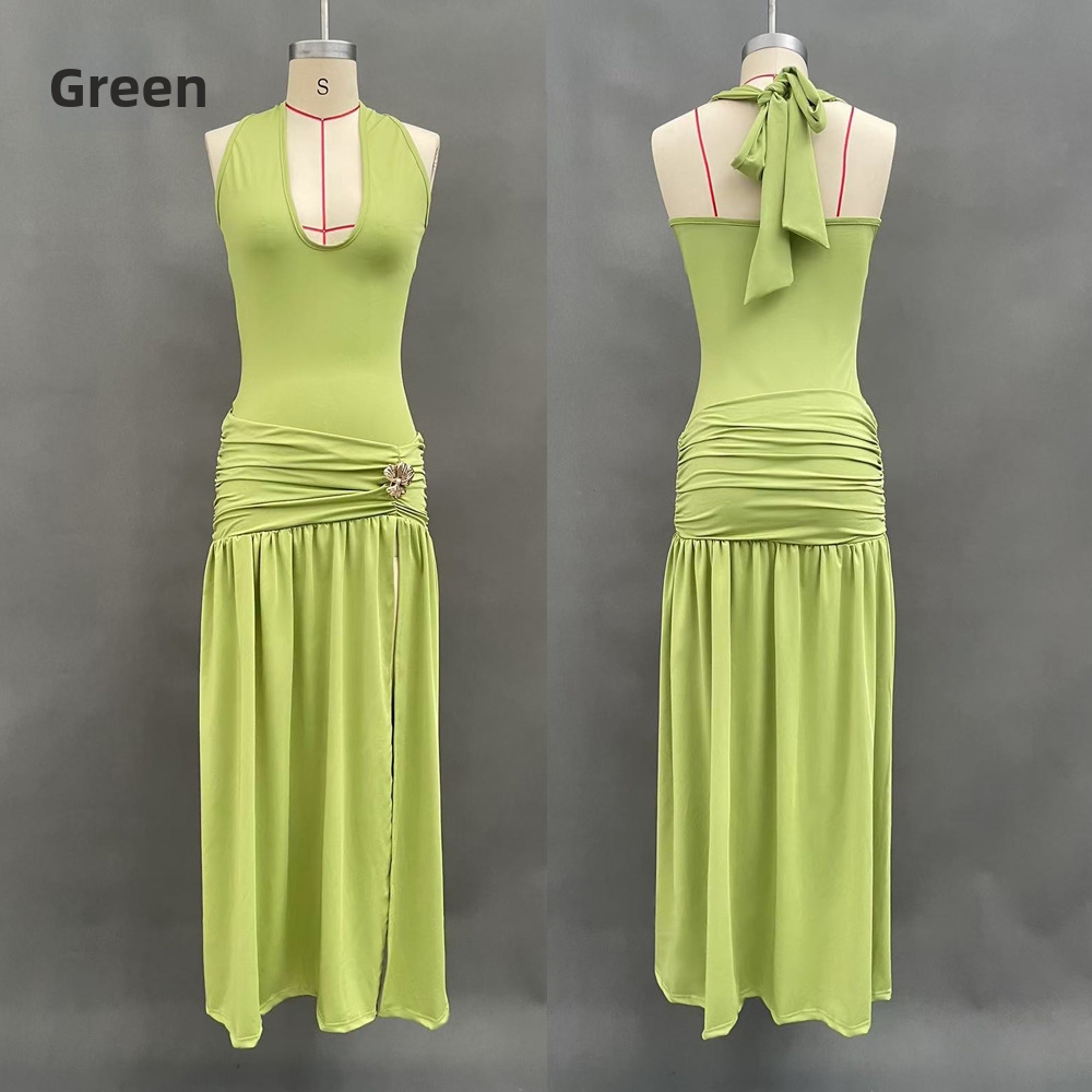 Summer Halter Backless Slit Dress – Stretchy Bodycon Midi Dress With High Leg Split (S-L, Soft Milk Silk Fabric, Sexy Evening & Club Wear)​_ecoleips.com