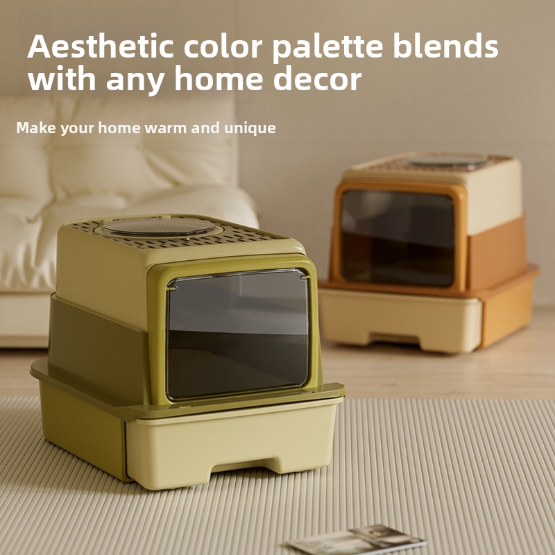 Qinggu Extra Large Olive Dreischicht-Katzentoilette mit Schublade, UV-C-Sterilisation, spritzwassergeschützt, Haustierbedarf_voghion.com