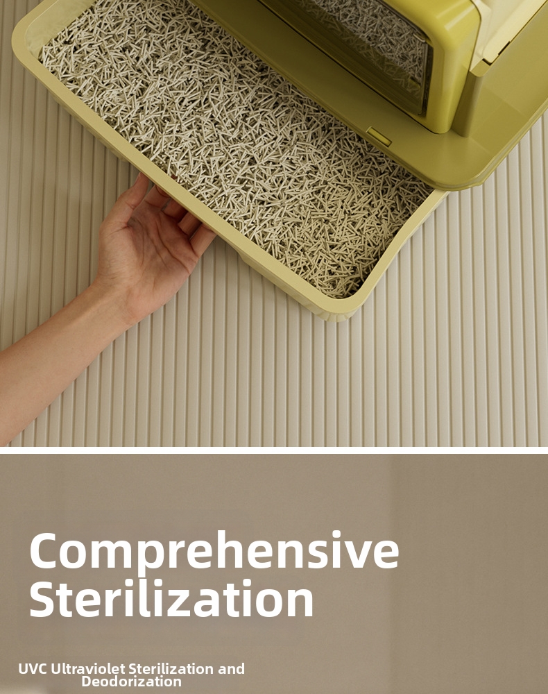 Qinggu Extra Large Olive Dreischicht-Katzentoilette mit Schublade, UV-C-Sterilisation, spritzwassergeschützt, Haustierbedarf_voghion.com