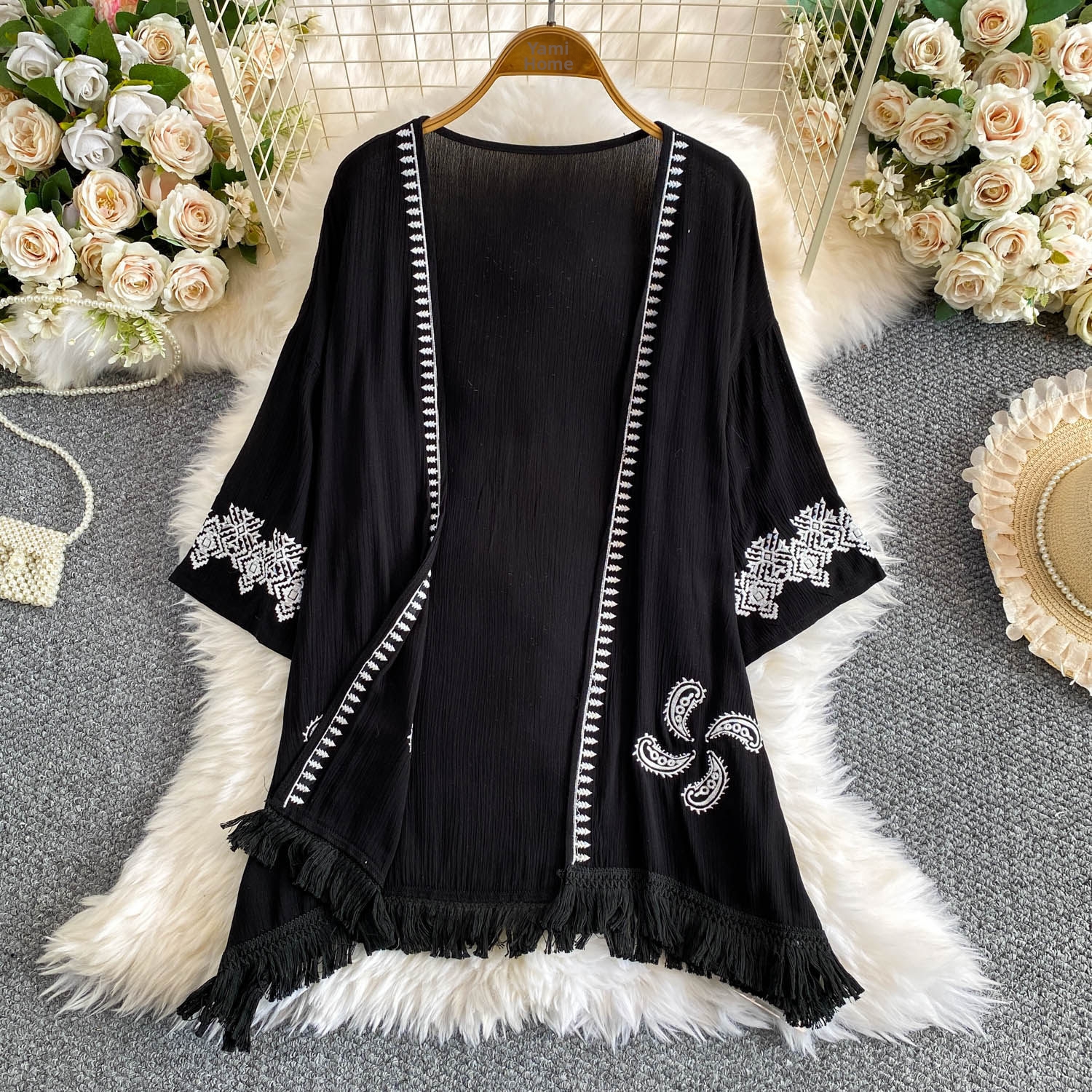 Women's Lightweight Sun Protective Loose Fit Breathable Long Sleeve Embroidered Jacket Mid-Length Elegant Stylish Top with Tassels for Summer_ecoleips.com