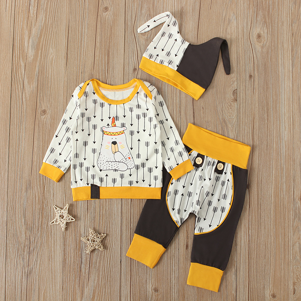 Kinderkleding 3-delige set met cartoon top broek en muts_voghion.com