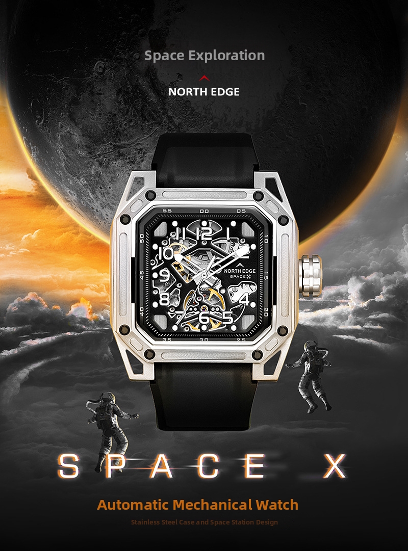Square Mechanical Watch For Men Stainless Steel Luminous Skeleton_voghion.com