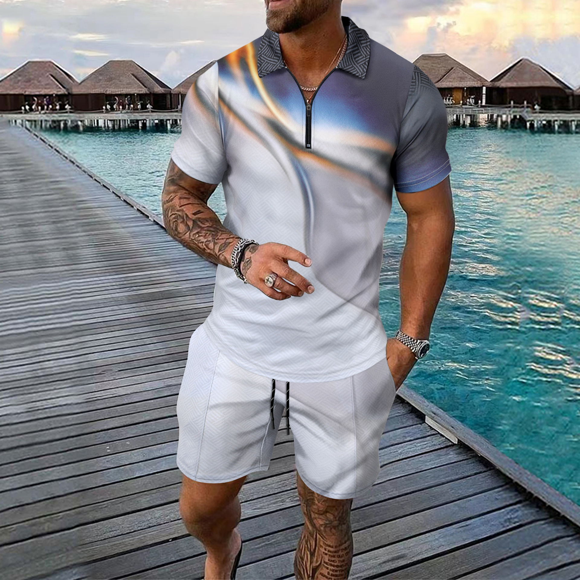 Men's Beach Style Short Sleeved Shorts Set Digital Print Half Zip Collar Comfortable Breathable Casual Clothing For Spring Autumn_voghion.com