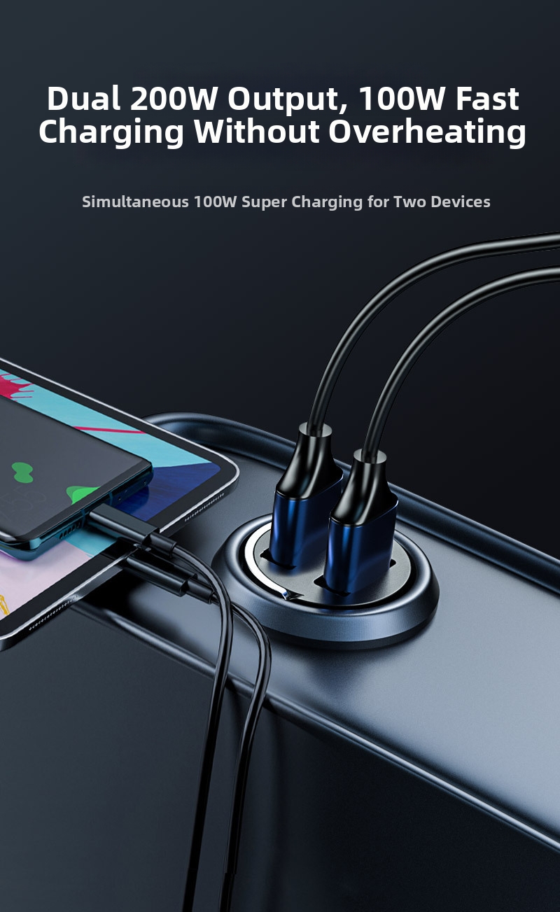 Nuovo caricabatteria da auto con anello di trazione, doppio USB, ricarica rapida, multifunzionale, accendisigari, mini accessorio di ricarica flash nascosto da 200 W_voghion.com