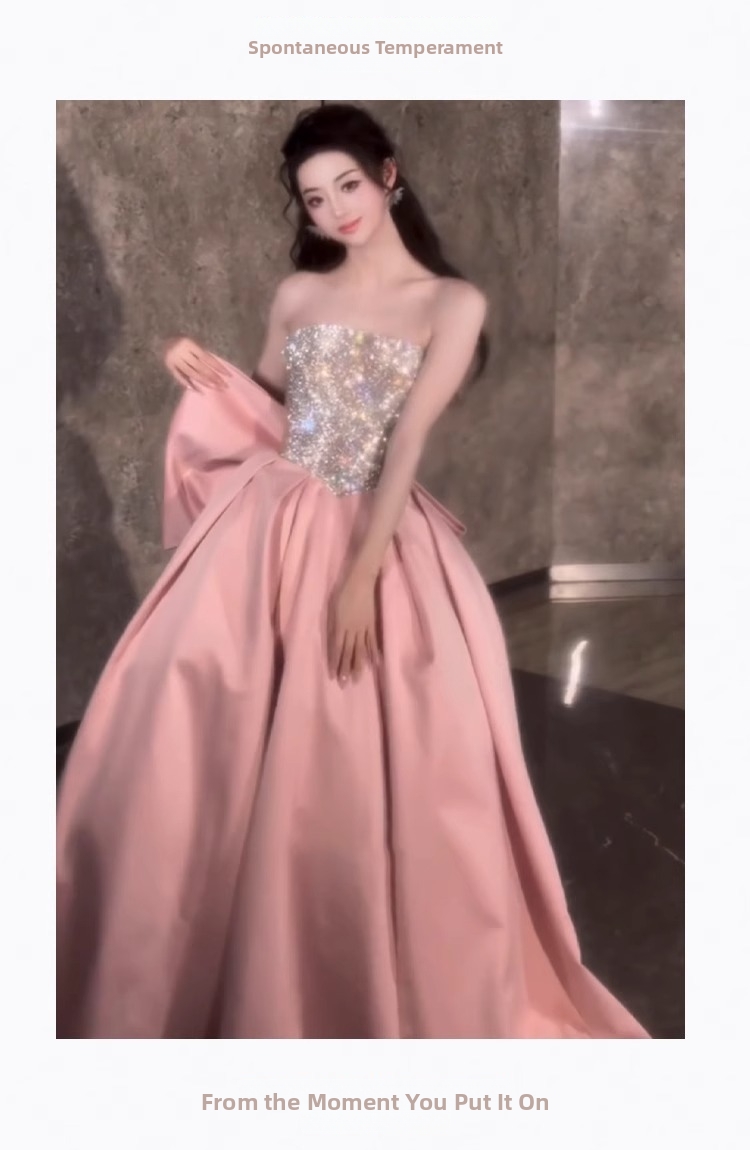Pink Glitter Strapless Evening Dress New Style Princess Ball Gown For Student Vocal Music Exam Fairy Tale Banquet Wear_ecoleips.com