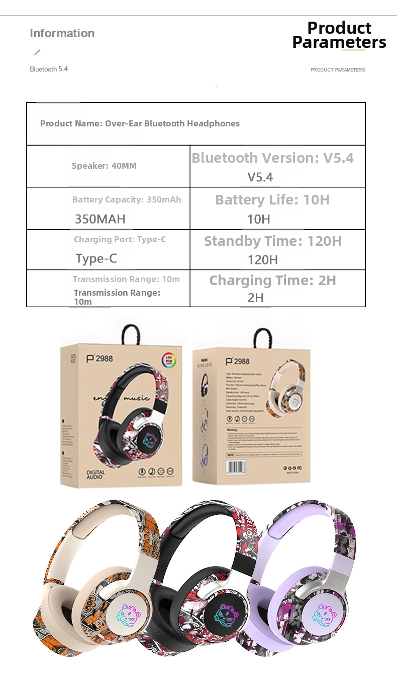 Graffiti Over Ear Headphones Bluetooth Wireless With Led Lights_voghion.com