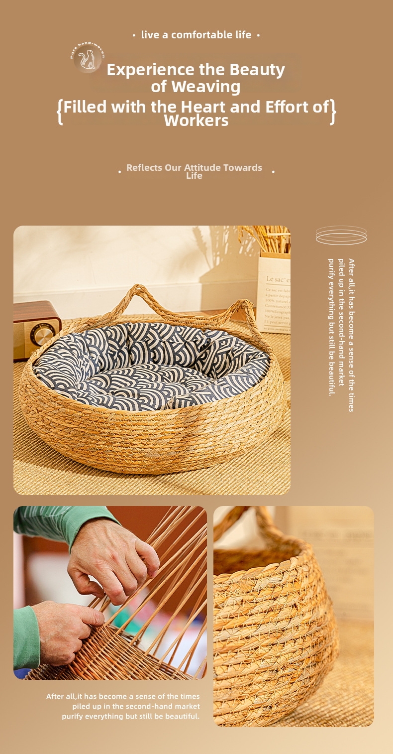 Woven Rattan Cat Bed With Cushion, Washable Scratching Mat_voghion.com
