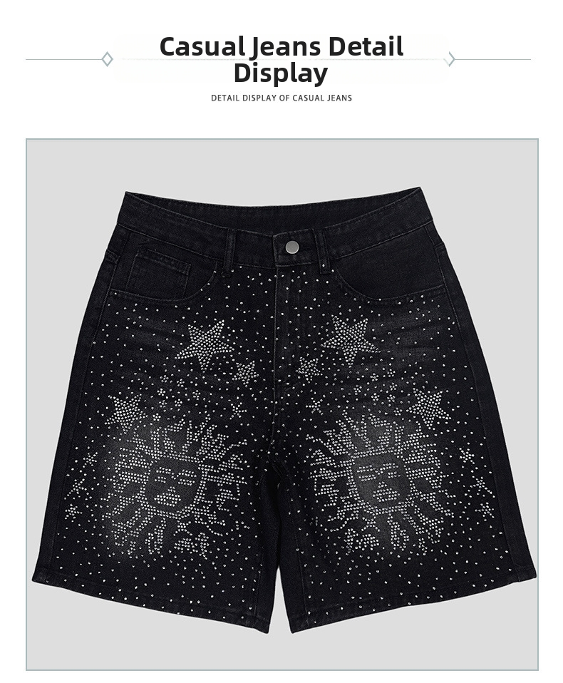 Unisex Black High-Waisted Rhinestone Embellished Denim Shorts - Gothic Style Distressed Jeans Shorts For Women Men_viptrois.com