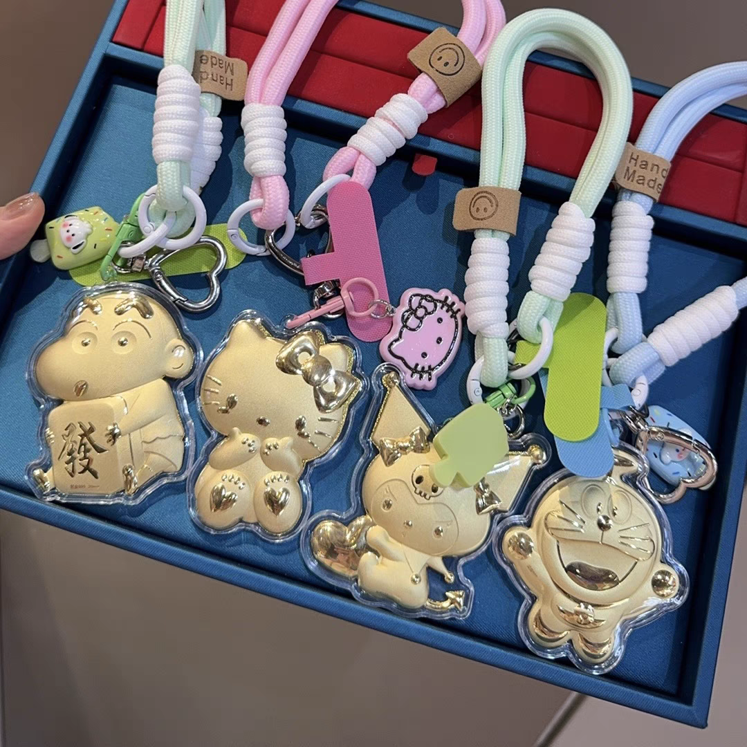 Gold Kt Cat Keychain 999 Pure Gold Hellokitty Cat Mobile Phone Pendant Bag Pendant Gift for Girlfriend