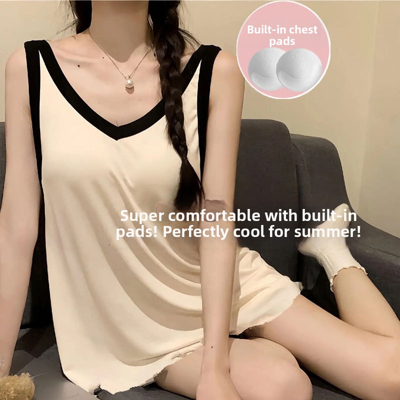 Conjunto pijama verano mujer algodón sin mangas estilo color block_voghion.com