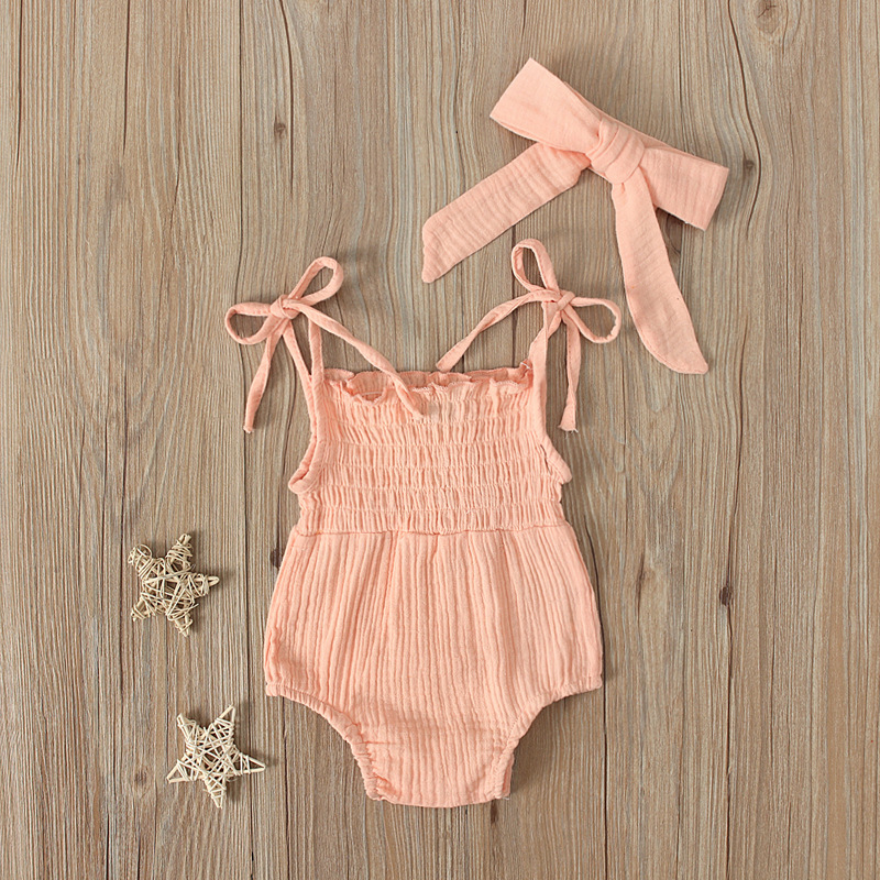 Summer Baby Romper With Bow Headband For Girls Solid Colour Set_voghion.com