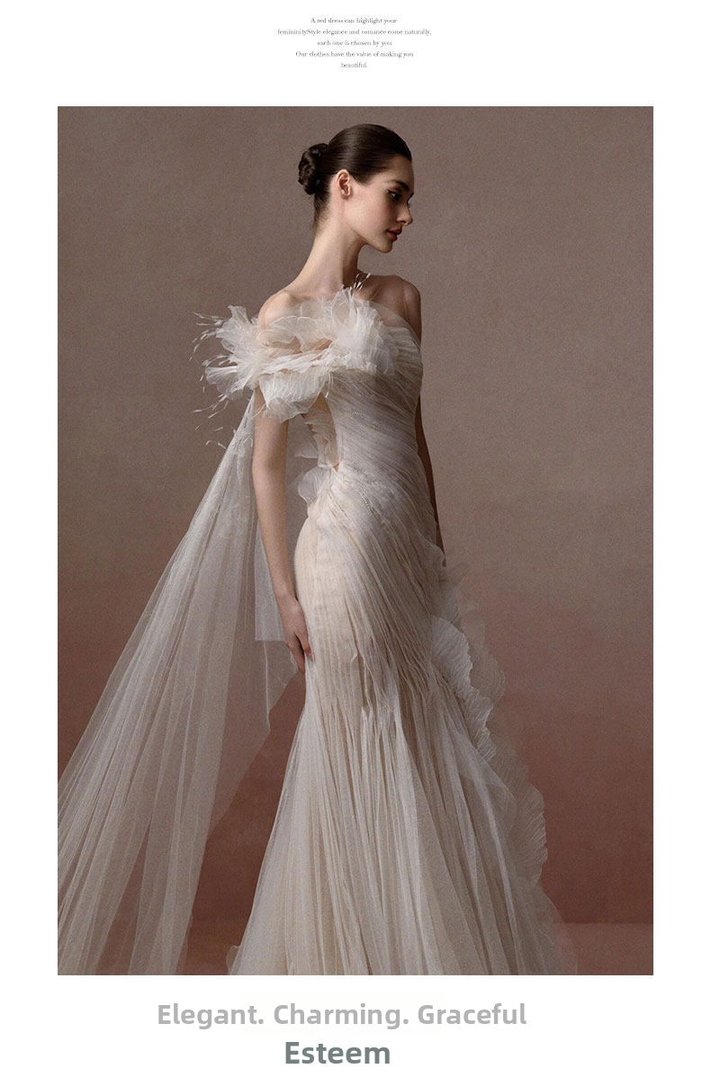 French Style One Shoulder Light Wedding Dress Super Fairy like Elegant Bridal Gown Luxury Mermaid Dress for Wedding Reception_ecoleips.com