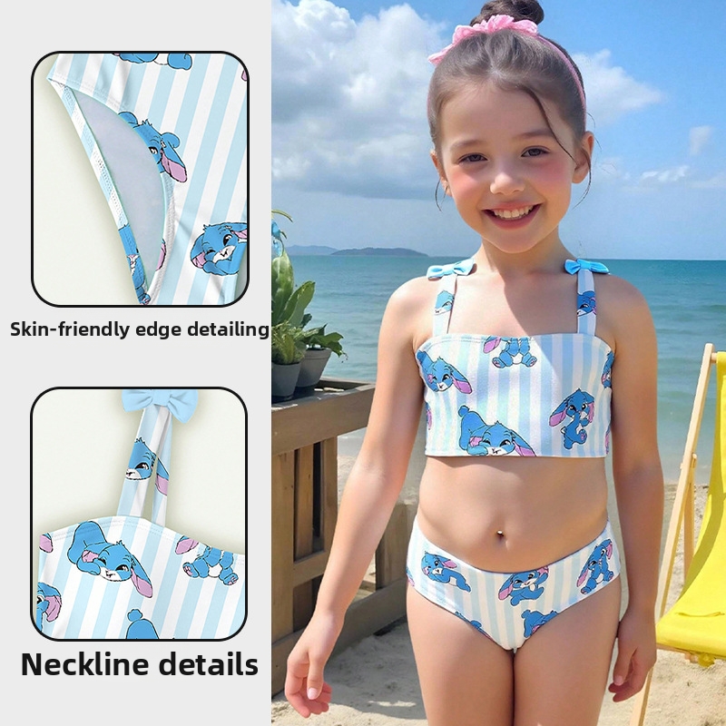 Girls Two-Piece Bunny Swimwear Set, Cute Cartoon Pink & Blue Rabbit Bikini For Kids Ages 8-12, Hot Spring & Beach Outfit_voghion.com