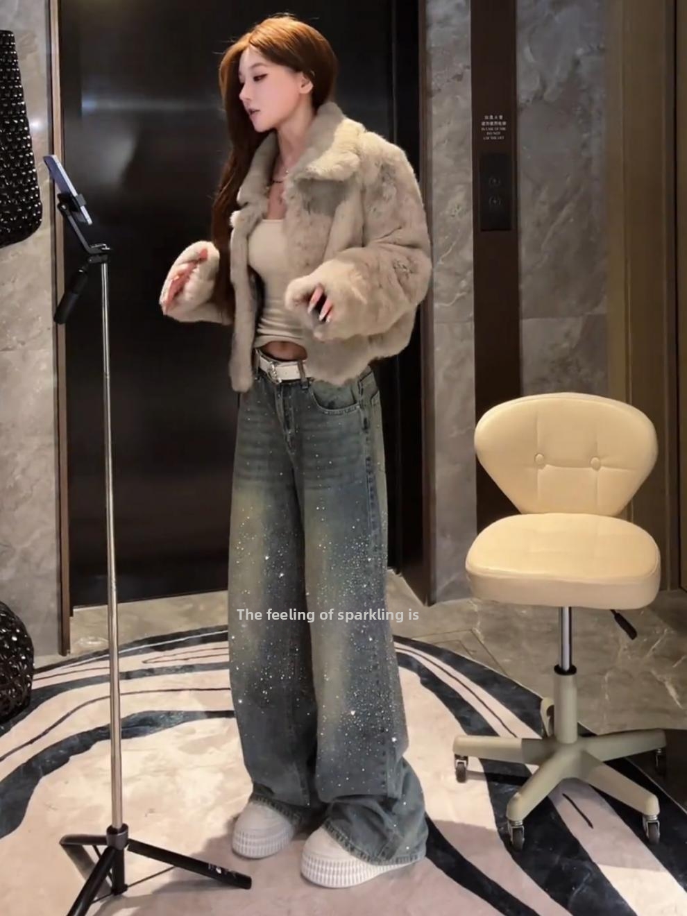 European Style Women's Sparkly Rhinestone Straight Leg Jeans High End Wide Leg Pants Fashionable New Spring_ecoleips.com