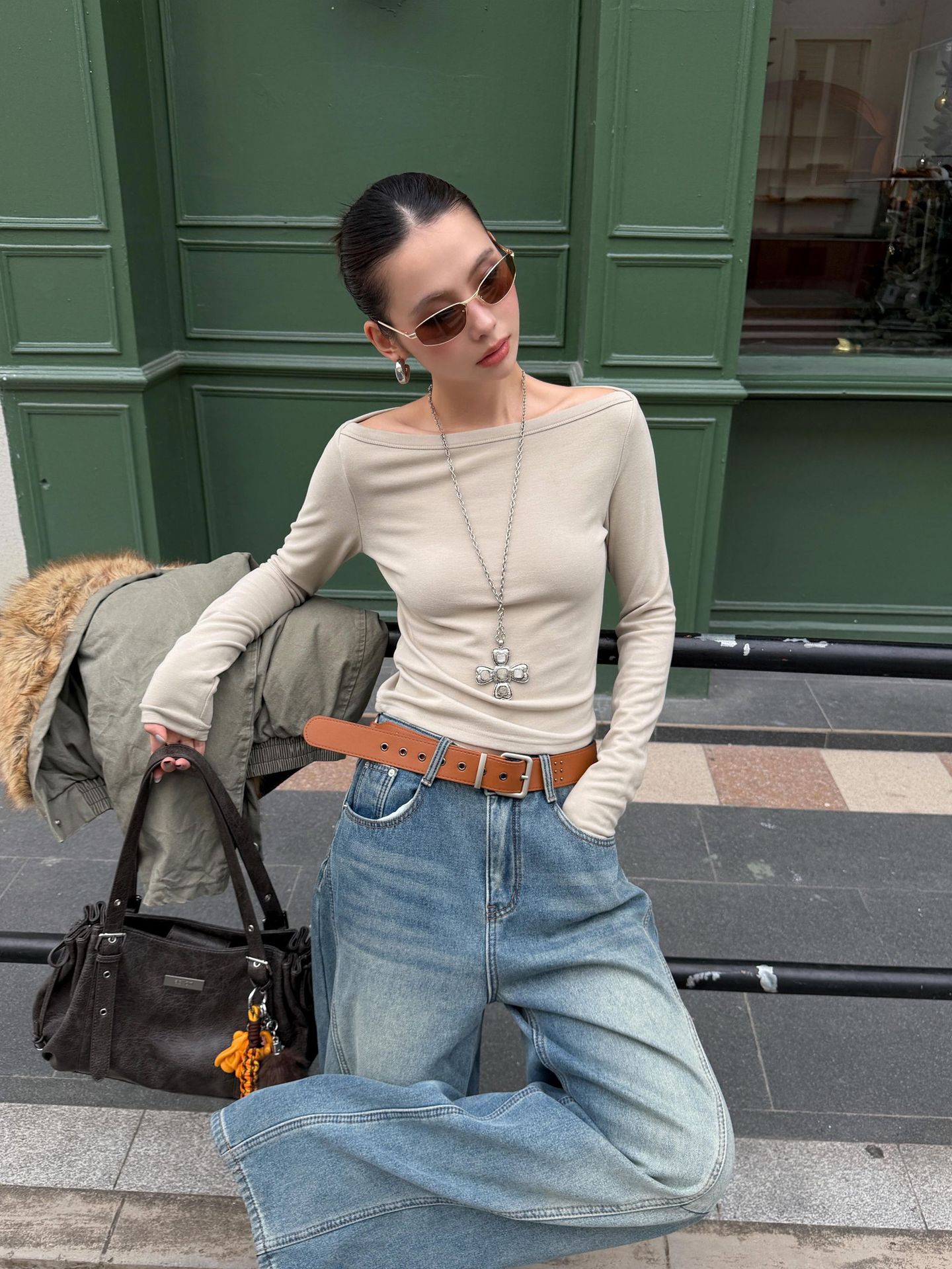 Women's Clothing Trendy Wide Leg Knife Pants Distressed Retro Blue Denim Fleece Lined Loose Curved Fit Street Style Washed Whiskered_mkmklike.com