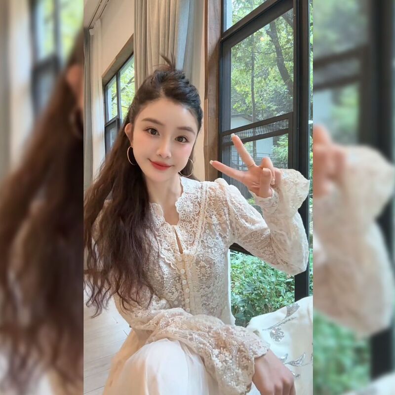 French-Style Autumn and Winter Lace Crochet Embroidered Women's Clothing 2026 New Single-Row Autumn Cardigan Shirt Top French-Style Autumn and Winter Lace Crochet Embroidered Women's Clothing 2026 New Single-Row Autumn Cardigan Shirt Top