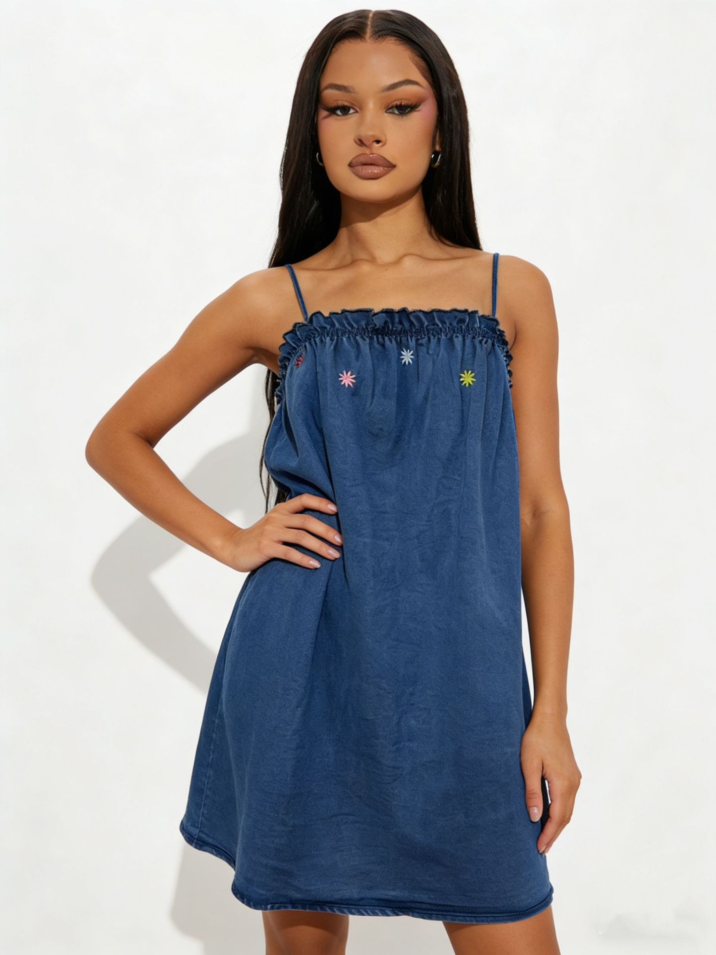 Women's Clothing Fresh Floral Embroidery Denim Suspender Dress Loose A-Line Skirt_ecoleips.com