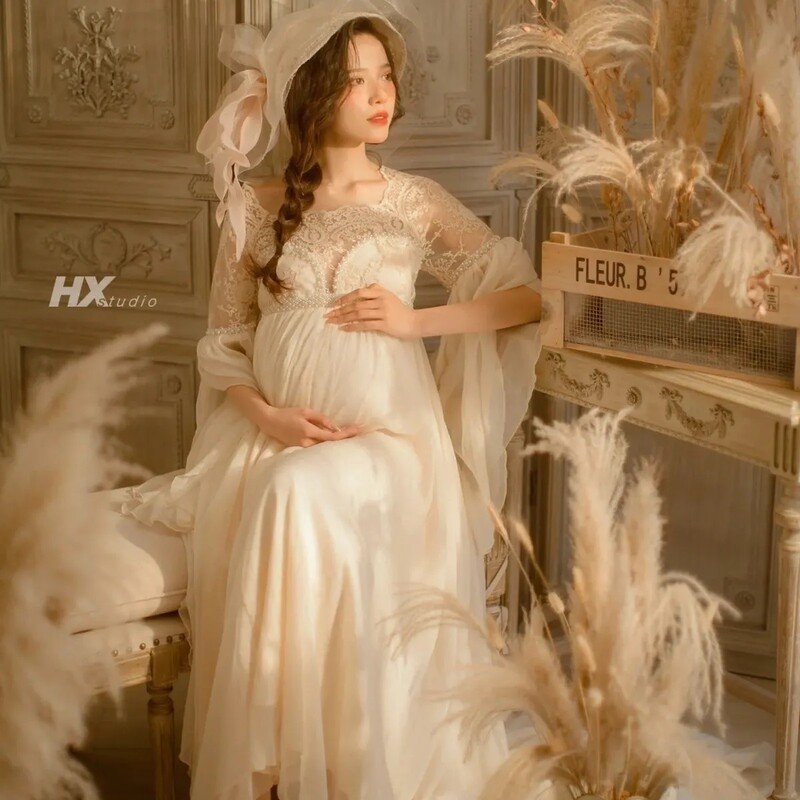 Pregnant Women's Photo Studio Clothing New French Retro Oil Painting Style Tube Top Long Skirt Dress Art Photography