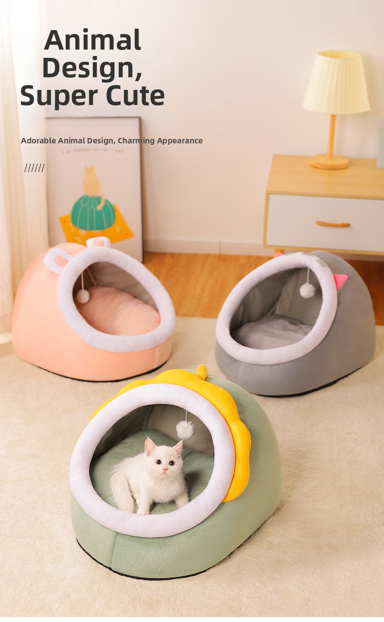 Enclosed Cat Bed For Cats And Kittens Warm Pet Cave House Bed_voghion.com