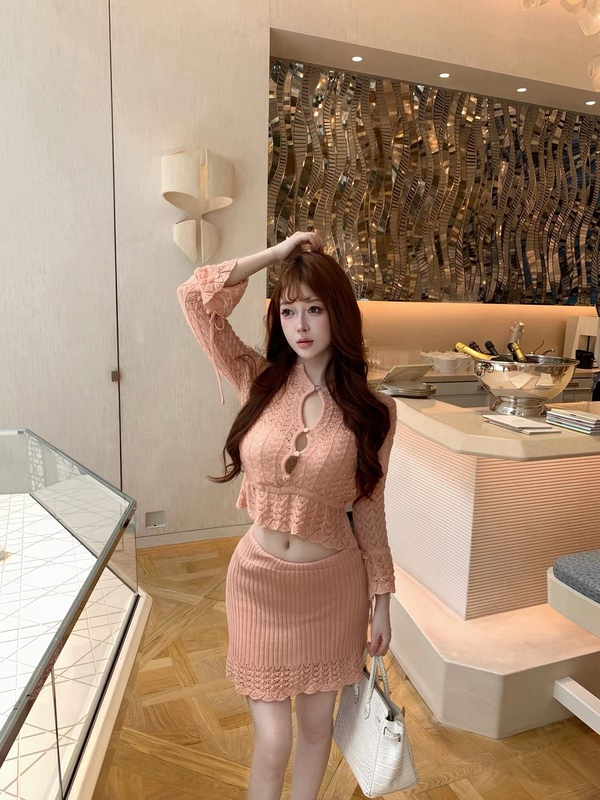 M900 Women's Set: Hollowed-out Stand Collar Bell Sleeve Knit Top and High Waist Crochet Lace Bodycon Short Skirt Two-Piece Outfit for Hot Girls