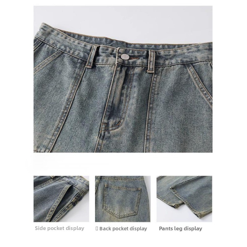 Vintage Washed Patchwork Cargo Wide Leg Jeans, Men's American High Street Loose Straight Streetwear Denim Pants_mkmklike.com