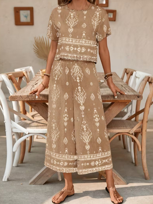 Damen Zweiteiler Set Mit Ethnischem Muster Kurzarm Elegant_voghion.com