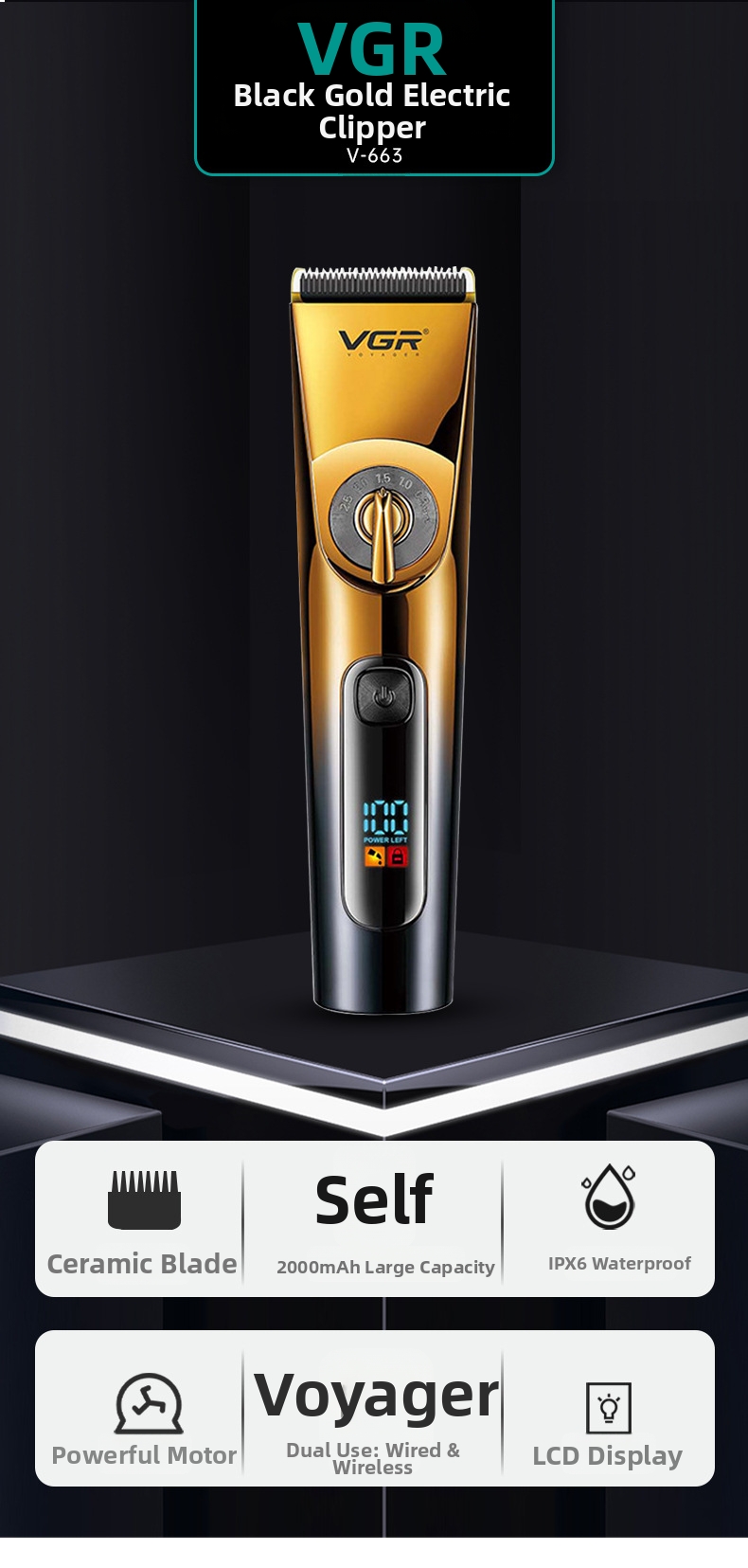 Professional Hair Clipper Waterproof Cordless With Digital Display_voghion.com
