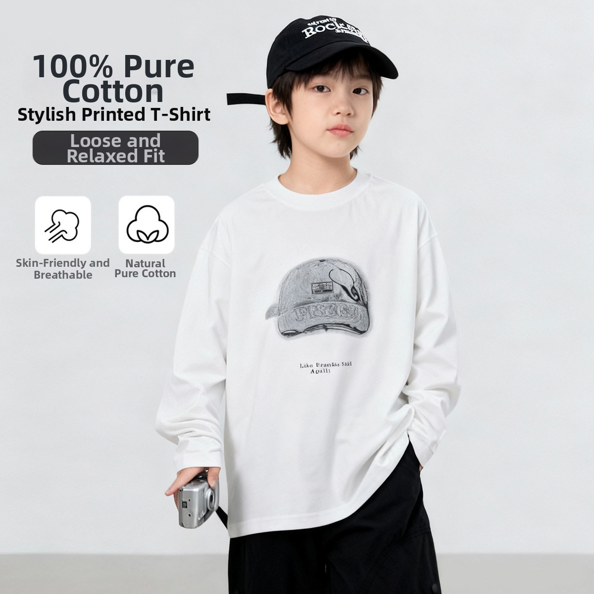 T-shirt à manches longues en pur coton pour garçon, élégant et décontracté, idéal pour les enfants de taille moyenne et grande. Collection printemps-automne._voghion.com