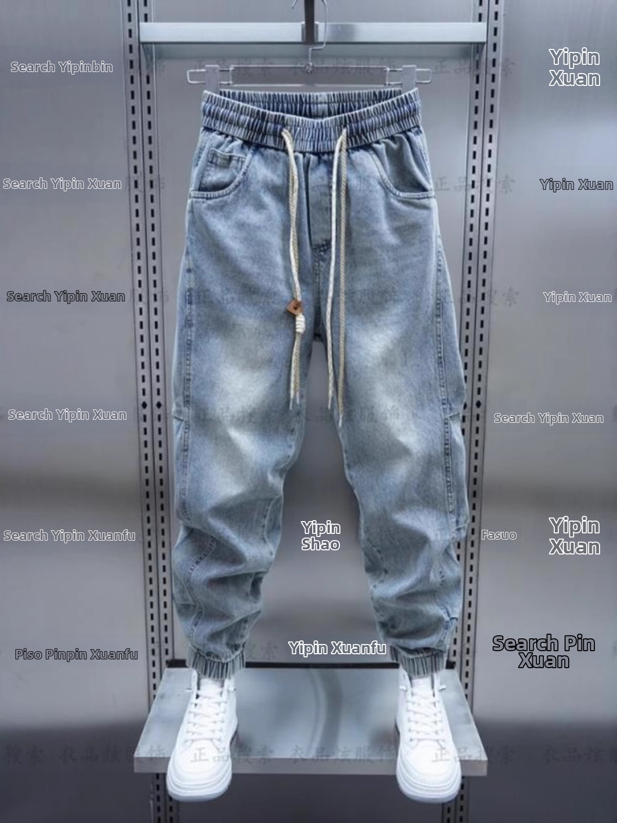 Men's Trendy Washed Distressed Harem Jeans Loose Fit Drawstring Cuffs Low Waist Casual Blue Jeans Spring Autumn Style_mkmklike.com