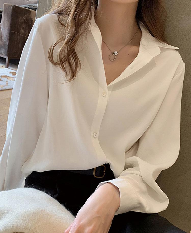 Women's White Professional Chiffon Blouse Loose Casual Shirt_voghion.com