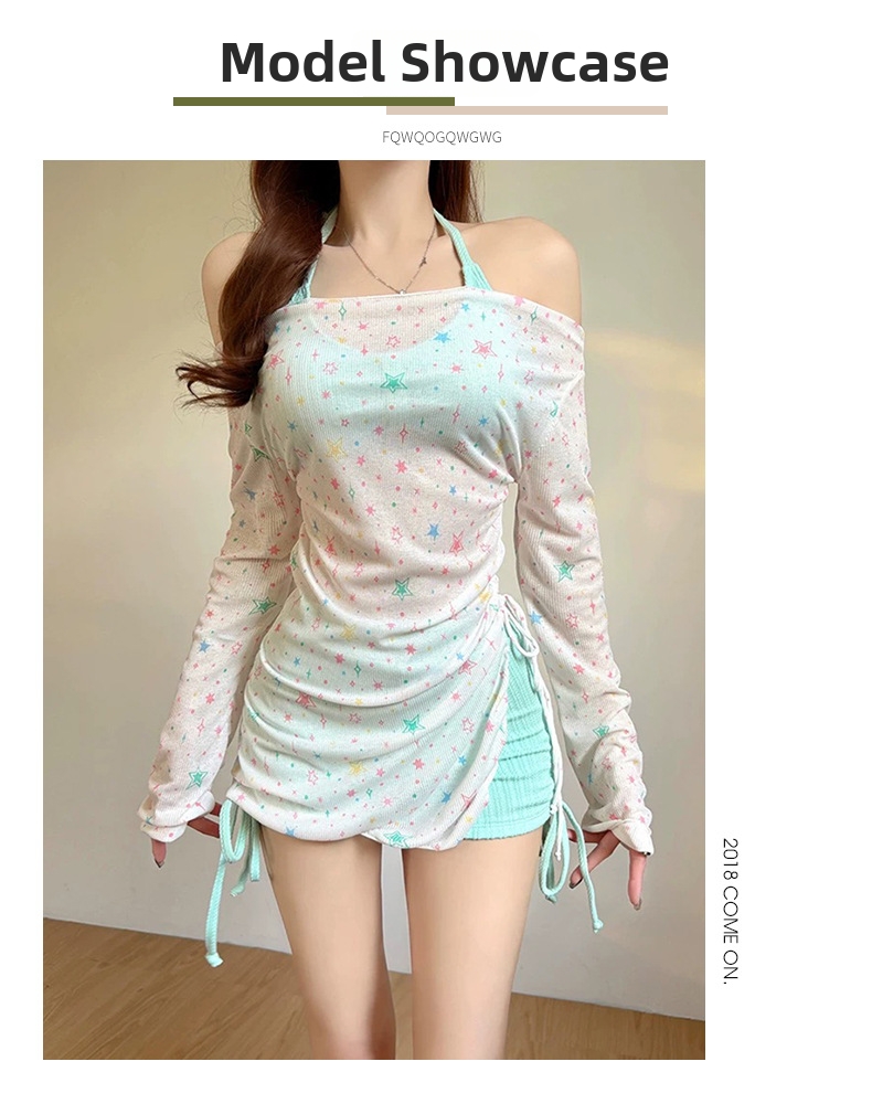 Women's Three Piece Swimsuit Set Halter Neck Star Print Beach_voghion.com