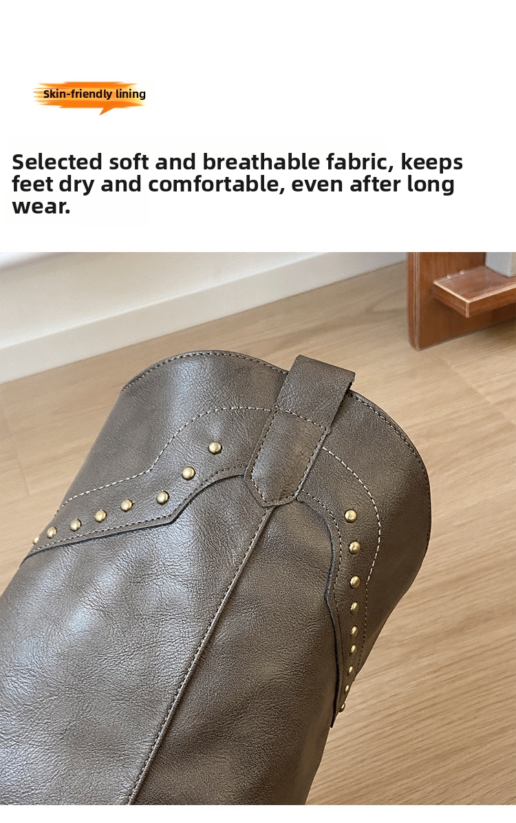 Women's Western Boots Square Toe Chunky Heel Brown Studded Style_voghion.com