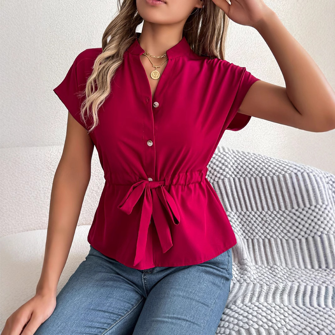 Women's Solid Color Short Sleeve Shirt Button Down Pull String Waist Casual Tops Spring Summer Fashion_voghion.com