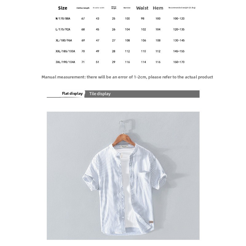 Camicia uomo a righe in cotone con collo alla coreana stile japa_voghion.com