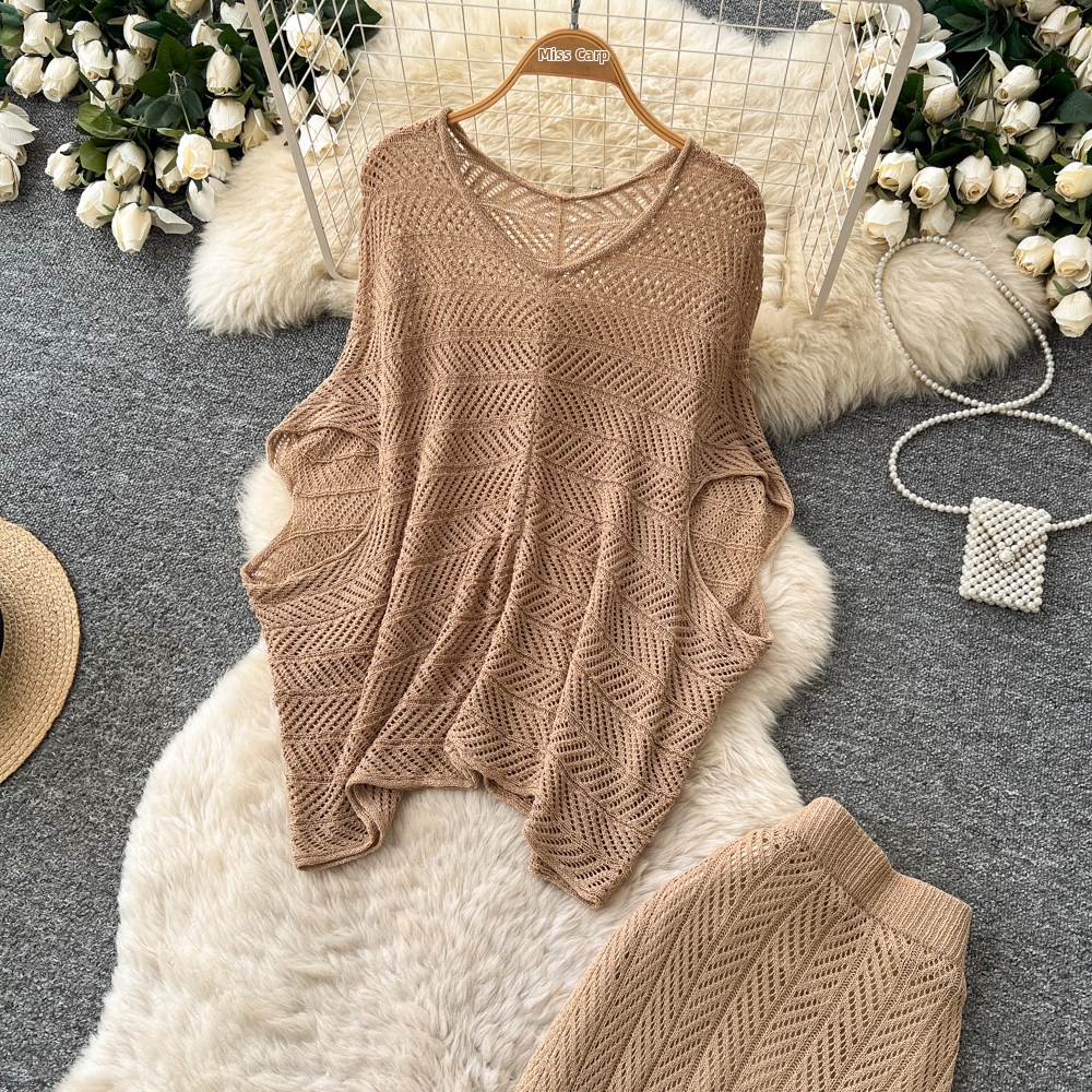 Women's French Style Hollow Knit Two Piece Set Soft Gentle Slim Fit Summer Elegant Commuting Suit_ecoleips.com