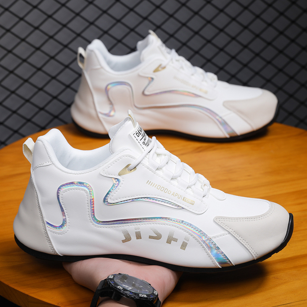 Scarpe sportive basse da uomo, eleganti, casual, comode, con lacci, in pelle PU, bianche e nere, per giovani studenti, viaggi all'aperto_voghion.com