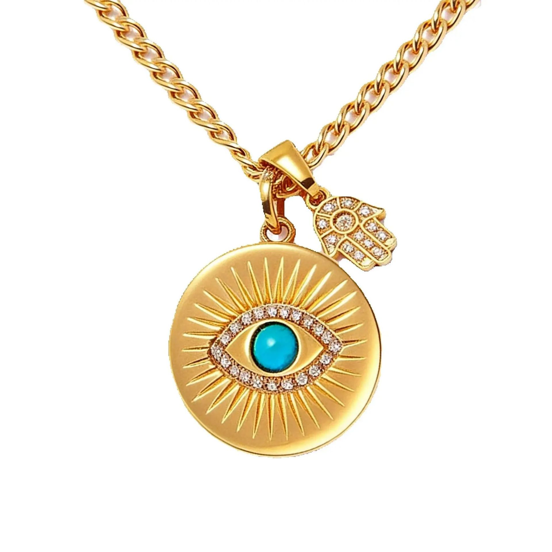Colar unissex com pingente azul de aço inoxidável, estilo turco._voghion.com