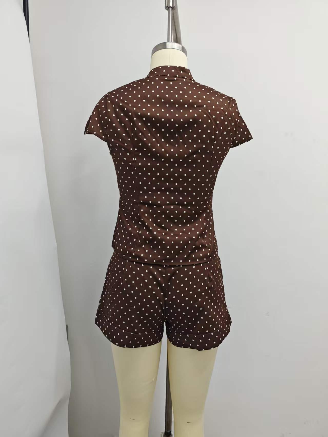 Women's American Style Polka Dot Short Sleeve Top And Shorts Set Summer Fashion Casual Two-Piece Outfit For Adults_ecoleips.com