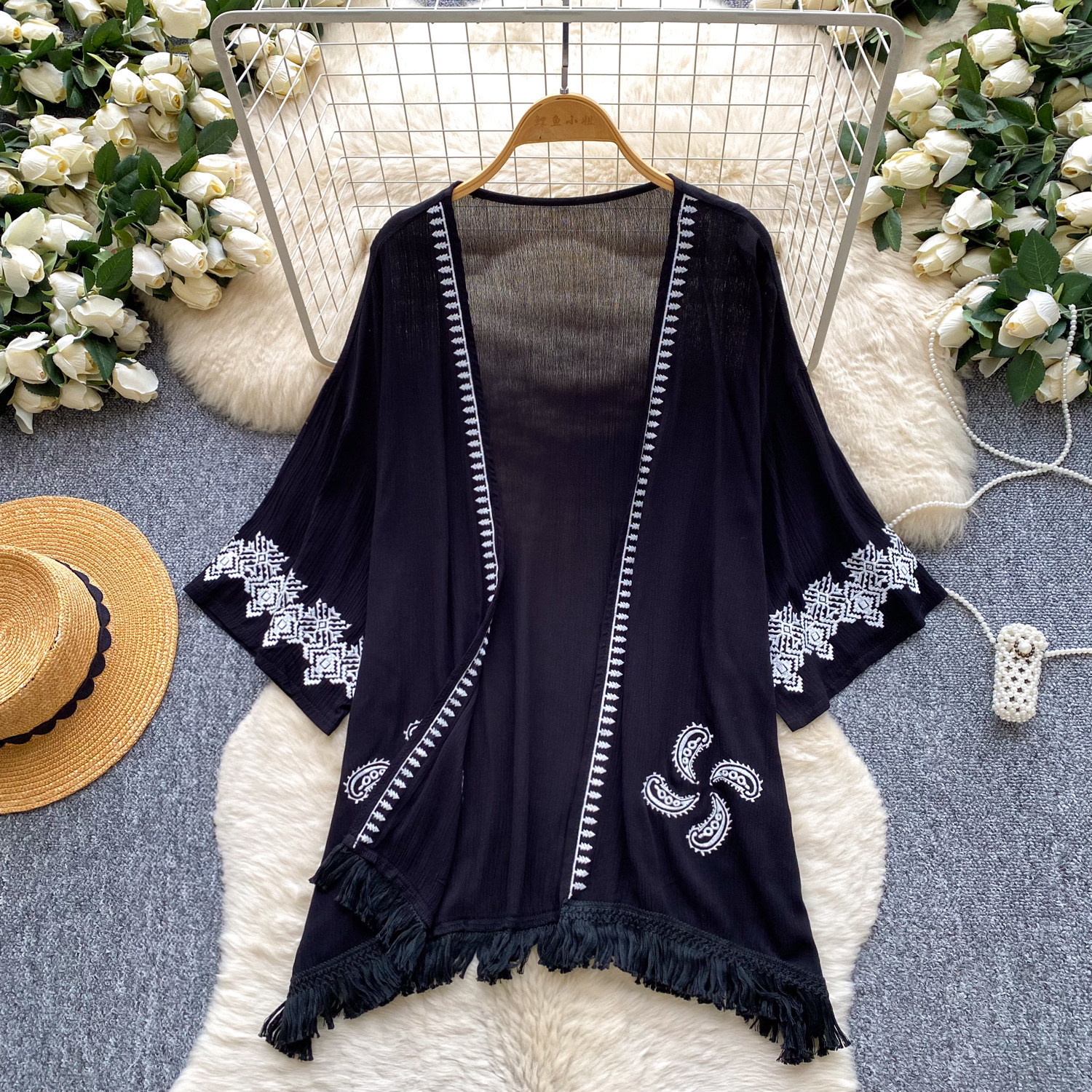 Women's Bohemian Style Heavy Embroidery Tassel Cardigan Loose Fit Summer Commuter Vacation Outerwear Top_ecoleips.com