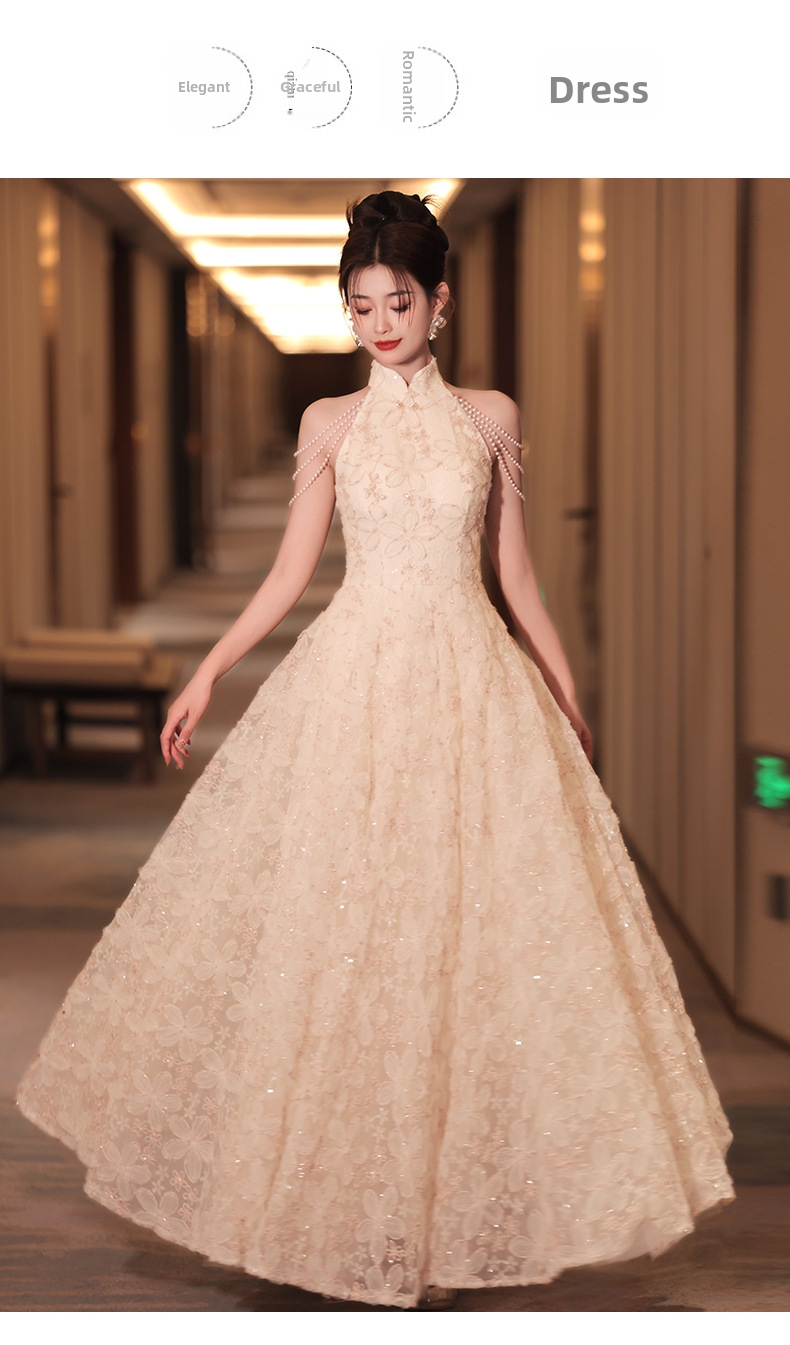 Elegant Floral Halter Neck Cheongsam Dress For Engagement Party, Banquet, And Bride's Homecoming_ecoleips.com
