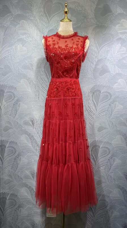 Fengyingying Foreign Trade Women's Clothing 2026 Spring New Collection Stand Collar Mesh Beaded Long Dress in Stock Real Photos