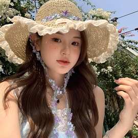 蕾丝花边度假风草帽女夏季沙滩海边遮阳防晒帽大帽檐编织太阳帽子