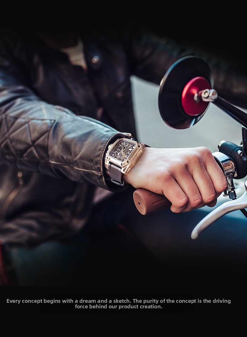 Square Mechanical Watch For Men Stainless Steel Luminous Skeleton_voghion.com