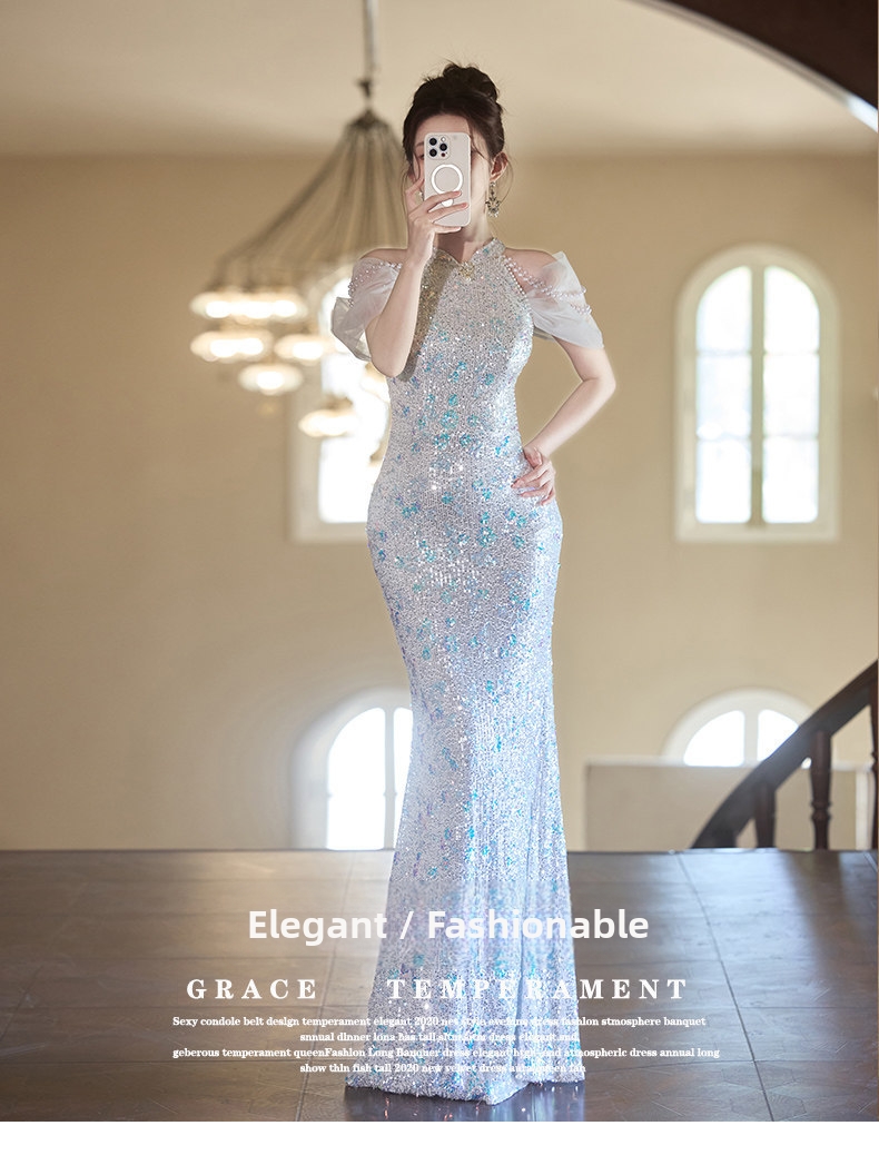 Elegant Sequin Mermaid Cheongsam Evening Gown - Slim Fit Qipao Dress For Banquet Party Wedding_ecoleips.com