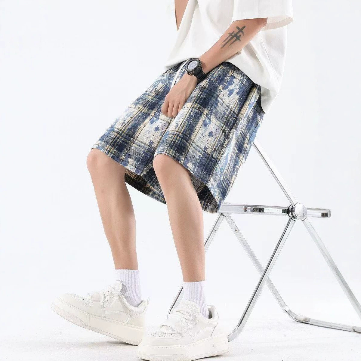 Herren-Shorts mit Batik-Karomuster, lockere, lässige 5-Zoll-Badeshorts aus Stretchmaterial, inklusive Größen._voghion.com