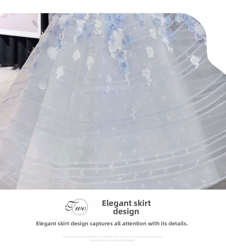 Blue Floral Strapless Evening Gown French Style Niche Emcee Banquet Dress Elegant Subtly Luxurious Princess Dress for Women_ecoleips.com