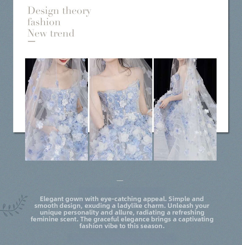Blue Floral Strapless Evening Gown French Style Niche Emcee Banquet Dress Elegant Subtly Luxurious Princess Dress for Women_ecoleips.com