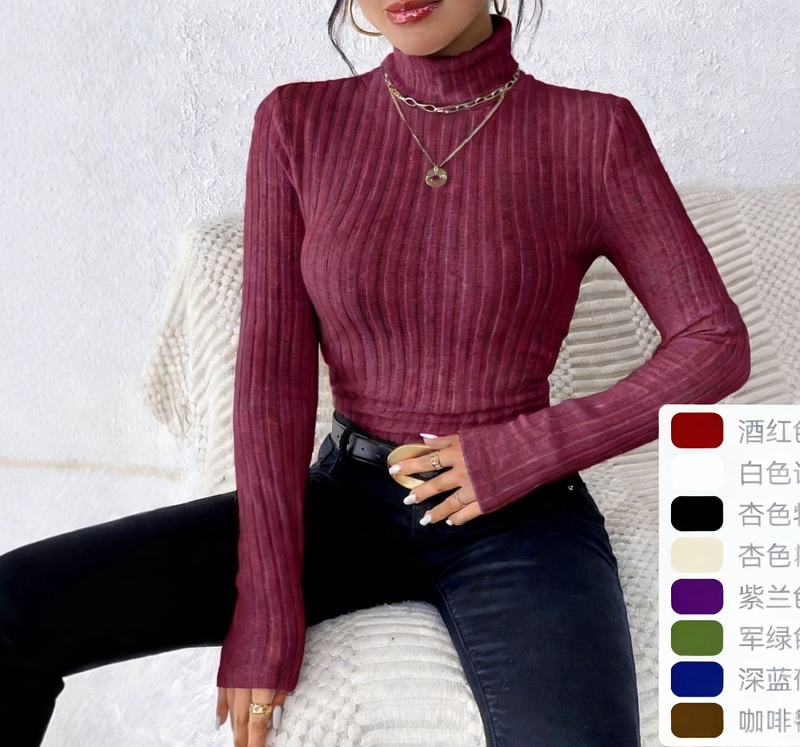 2026 Spring and Autumn Tk Amazon Multi-Color Cross-Border Exclusive High-Neck Long-Sleeve Brushed Ribbed Knit T-Shirt Top