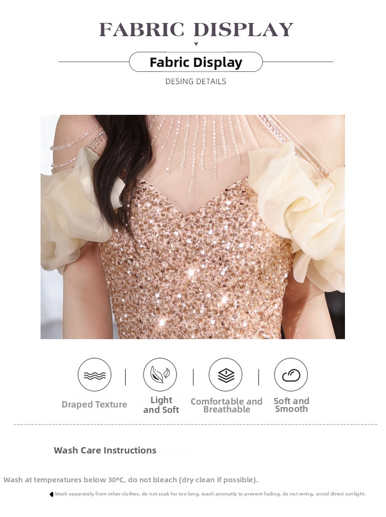Gold Evening Gown New Style French Sequined Waist Cinching Mermaid Skirt Toasting Banquet Dress Art Exam Wear For Women_ecoleips.com