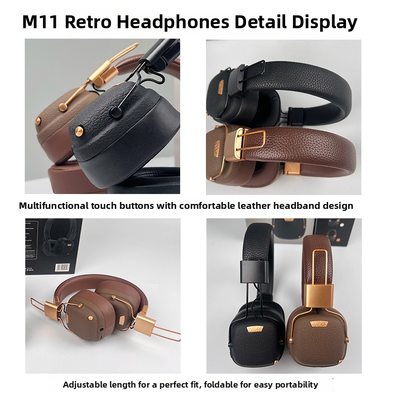 M11 Vintage Leather Bluetooth Headphones – 8-Hour Playtime, BT 5.4, 7 EQ Modes, Foldable Design (Brown/Black) With Multilingual Manual_voghion.com